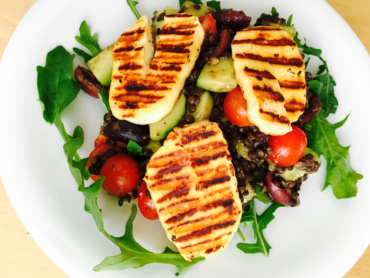 Salad with Beluga Lentils and Halloumi Cheese