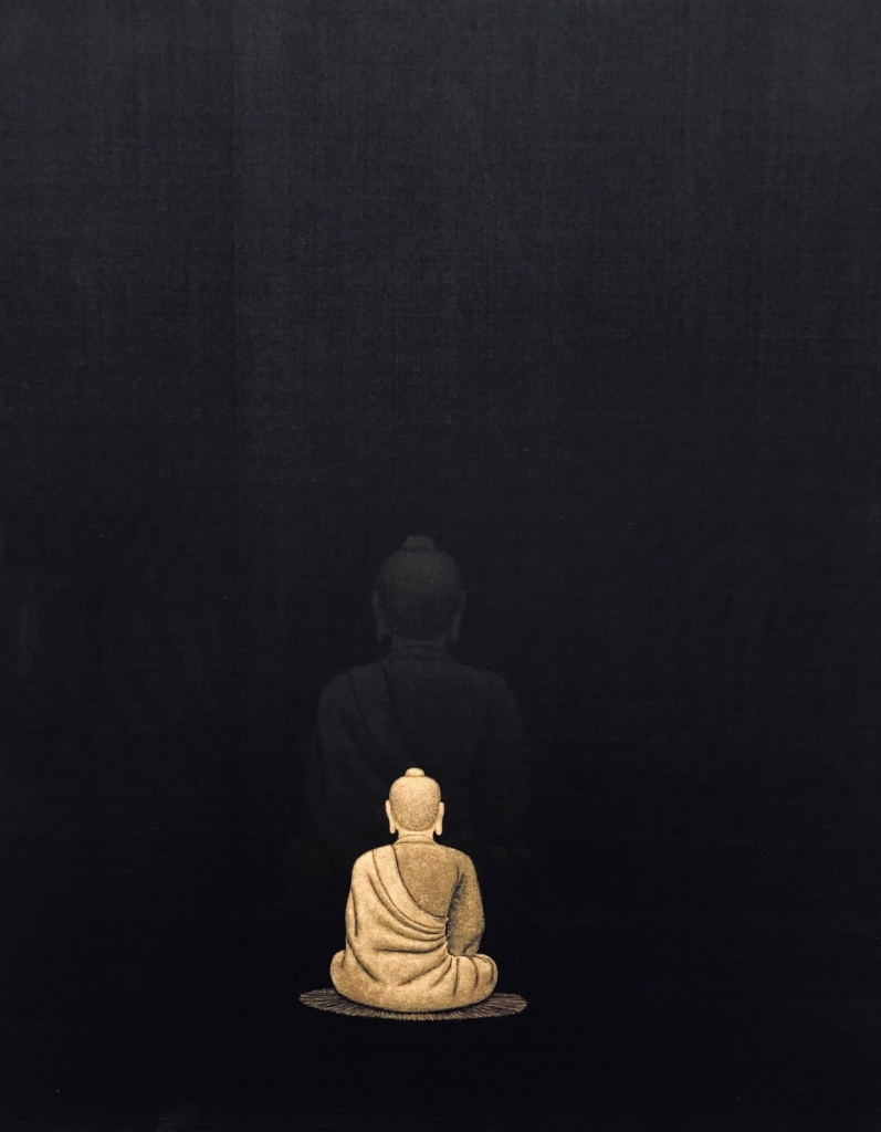 Kunst 18 Zürich, the SIMYO gallery from Seoul. Buddha (gold-powder on silk) by Lee, Hae Gee