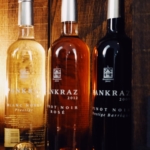 three bottles of different Pankraz wine, white, rose and red