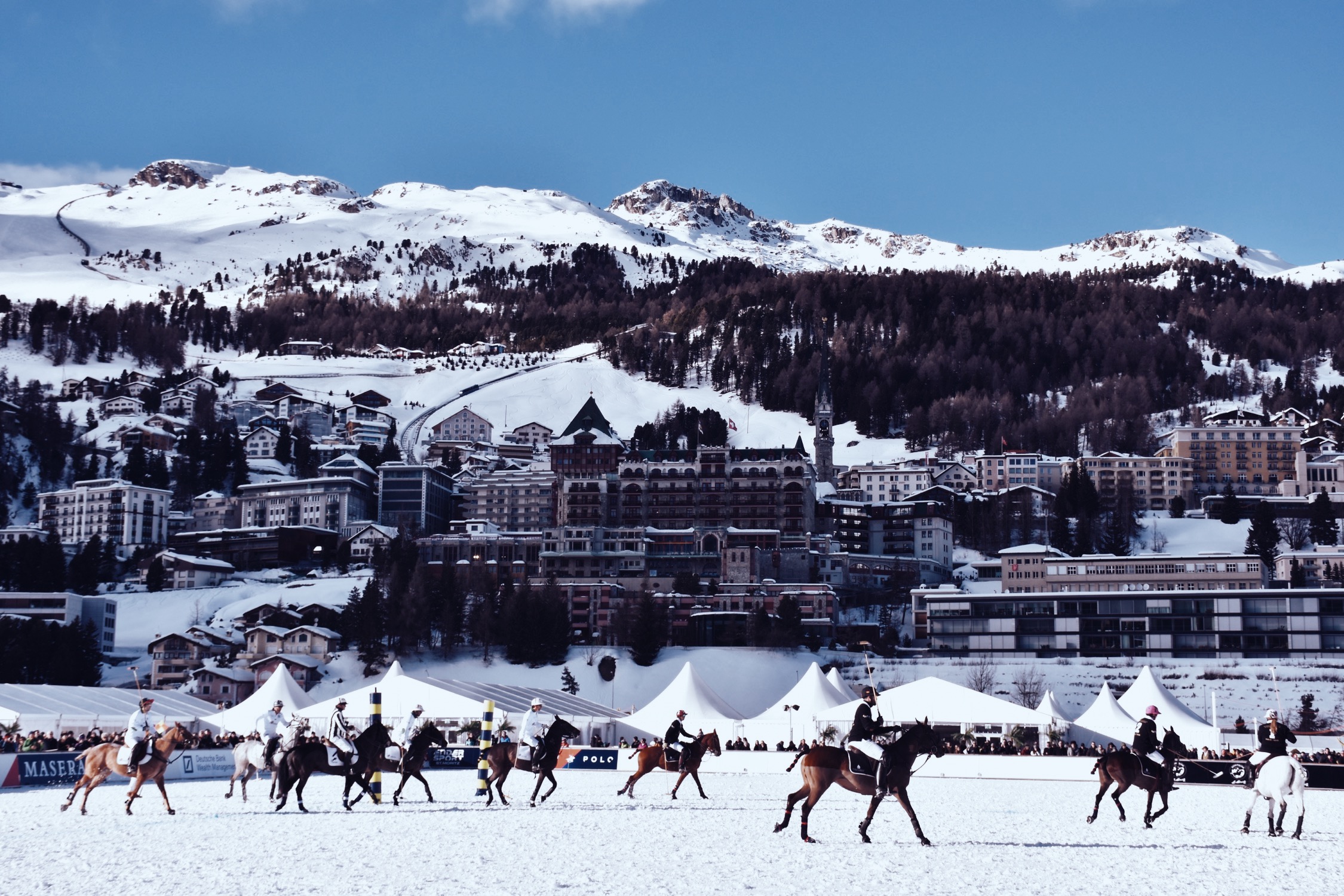 The view over St. Moritz during the Snow Polo World Cup on the frozen lake