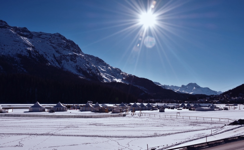 The sport village on the frozen lake of St. Moritz