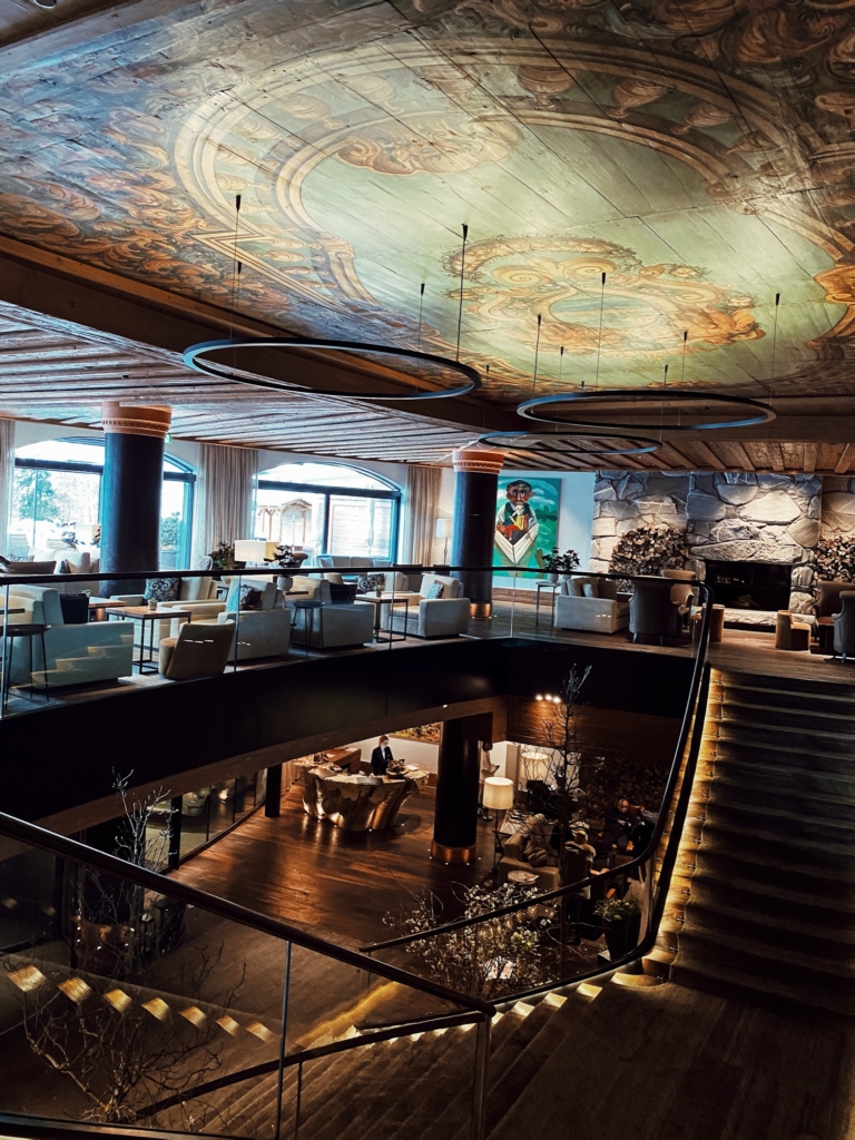 The Alpina Gstaad, the ancient wood ceiling above the main stair case