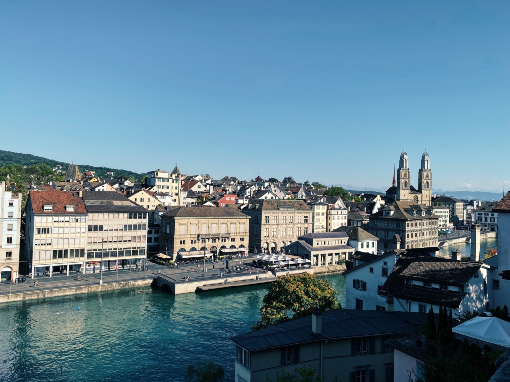 View over the city and the river from the Lindenhofplatz, Zurich, Switzerland