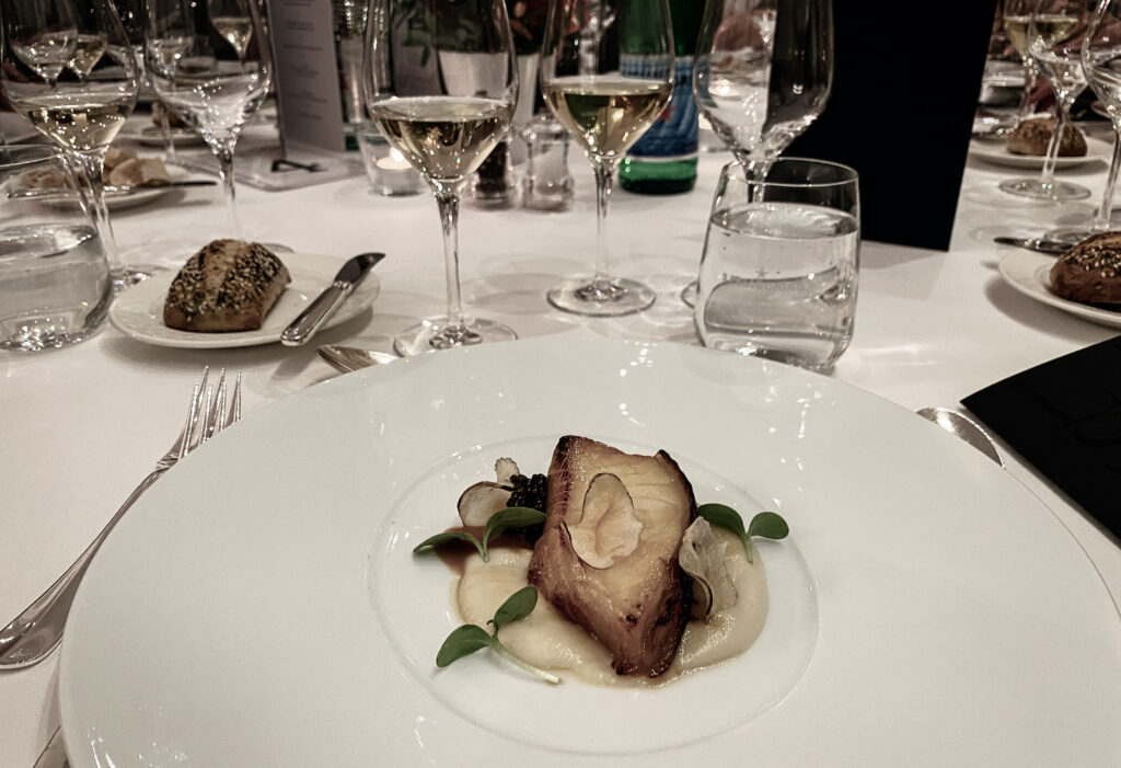 Black cod flavoured with yuzu, fermented miso, Jerusalem artichoke and caviar. S.Pellegrino Sapori Ticino Gala Dinner at the Lausanne Palace