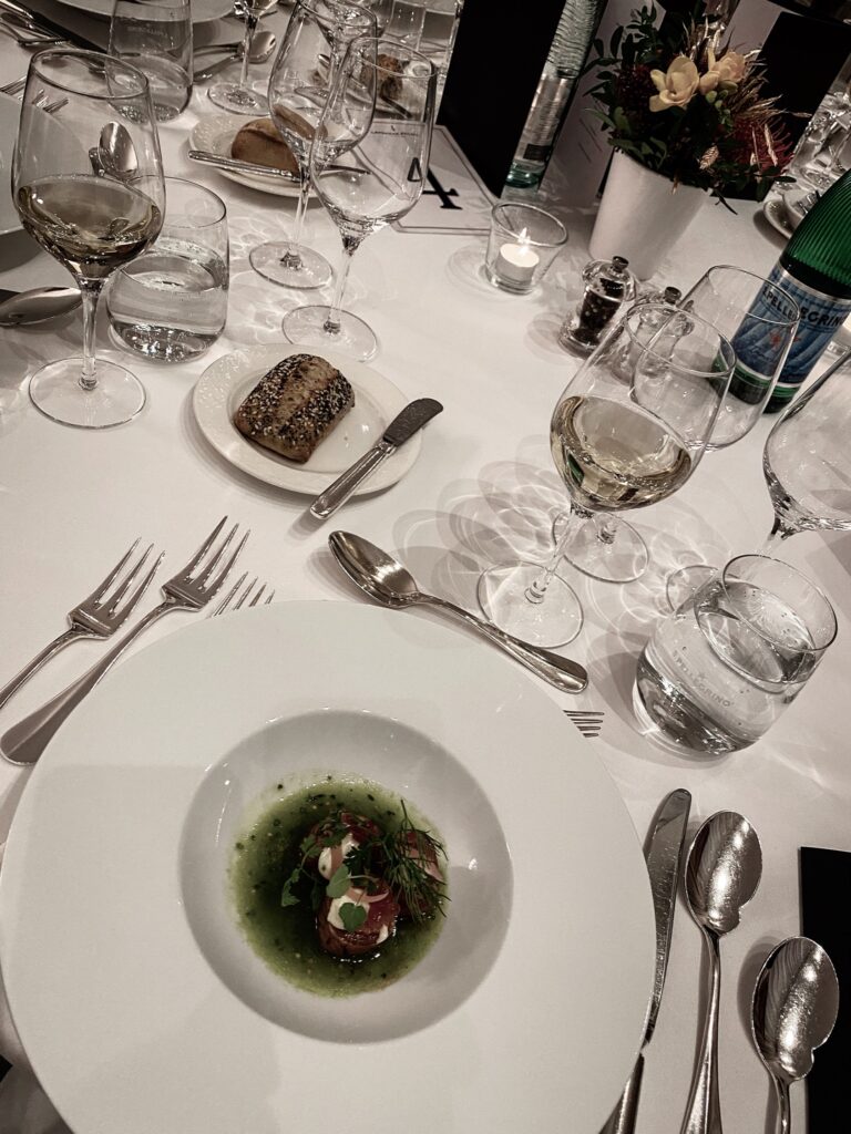Salmon from Lostallo swimming in green tomatoes, mustard seeds and red onion. S.Pellegrino Sapori Ticino Gala Dinner at the Lausanne Palace