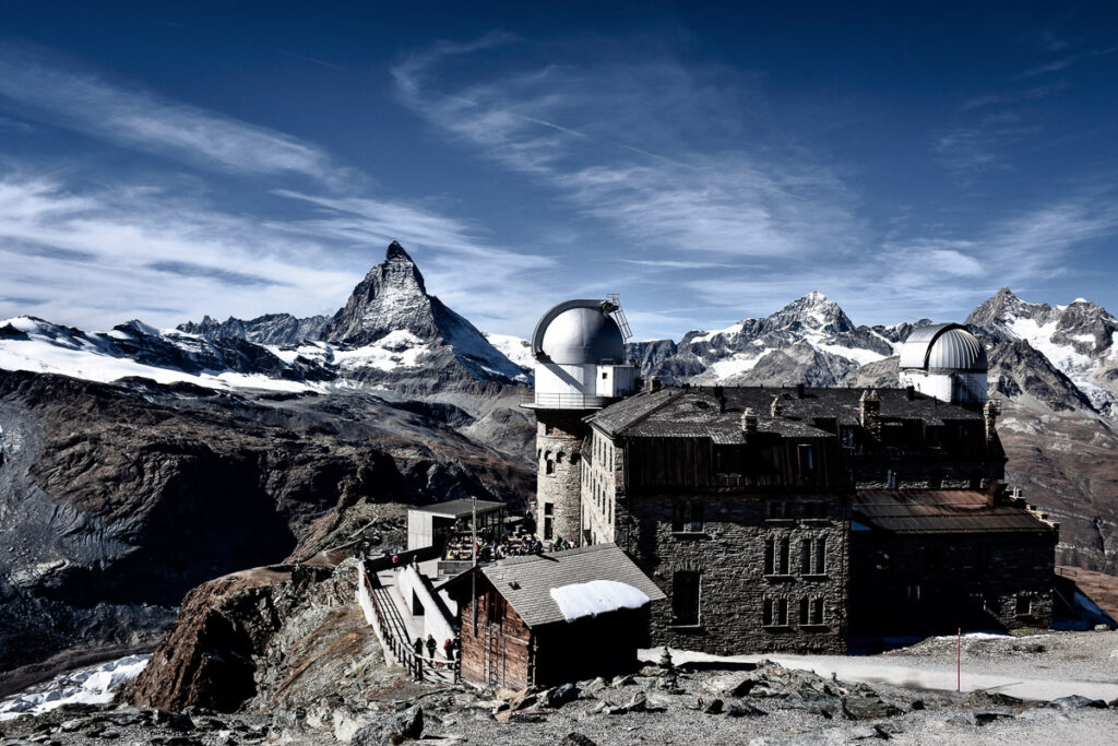 the Gornergrat restaurant, hotel, observatory and Matterhorn on the background