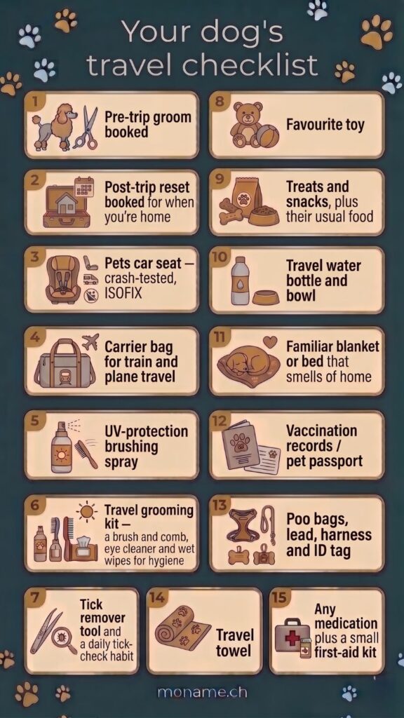 Infographic listing 15 dog travel essentials, from pre-trip grooming to a pet first-aid kit