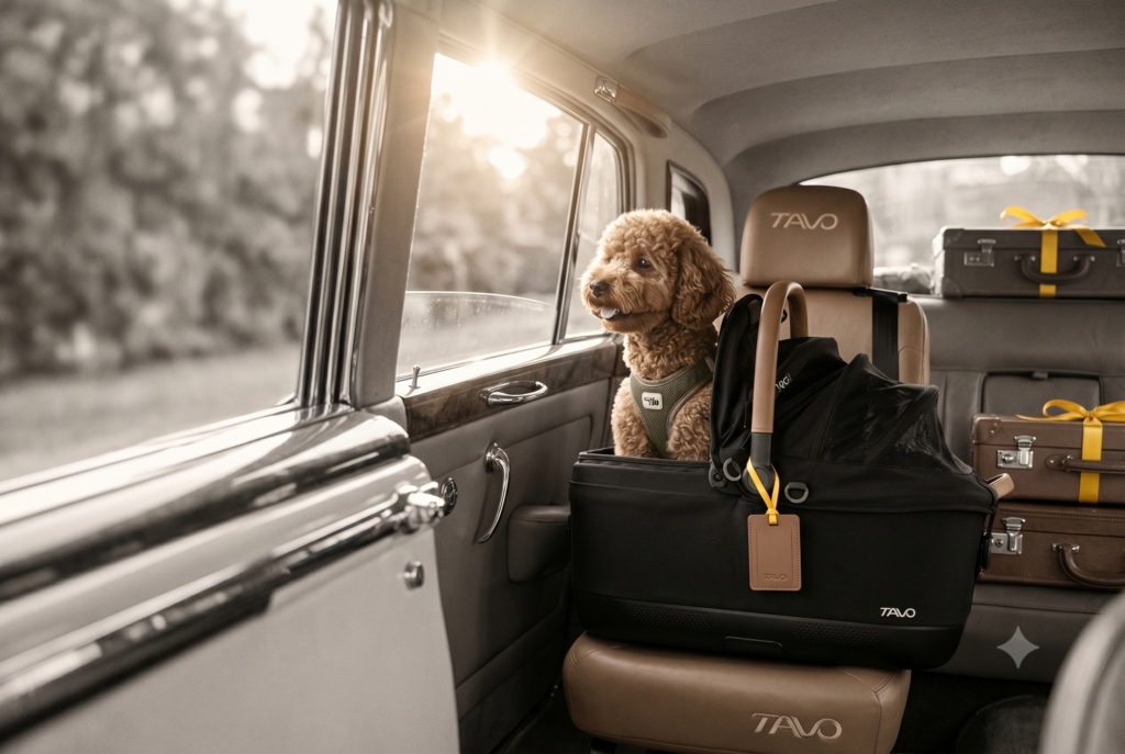Red toy poodle sitting securely in a TAVO crash-tested car seat inside a classic car with luggage