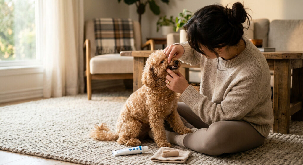 Illustration of a woman sitting on a rug at home, gently brushing a small curly-coated dog’s teeth