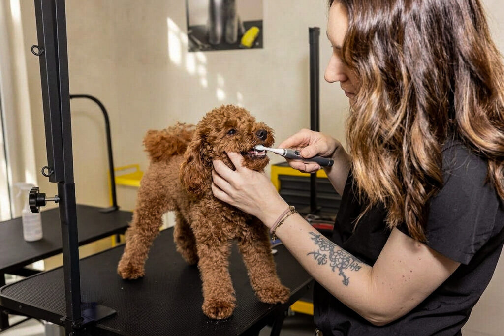 A groomer holding an ultrasonic toothbrush to a calm Toy Poodle standing on a grooming table