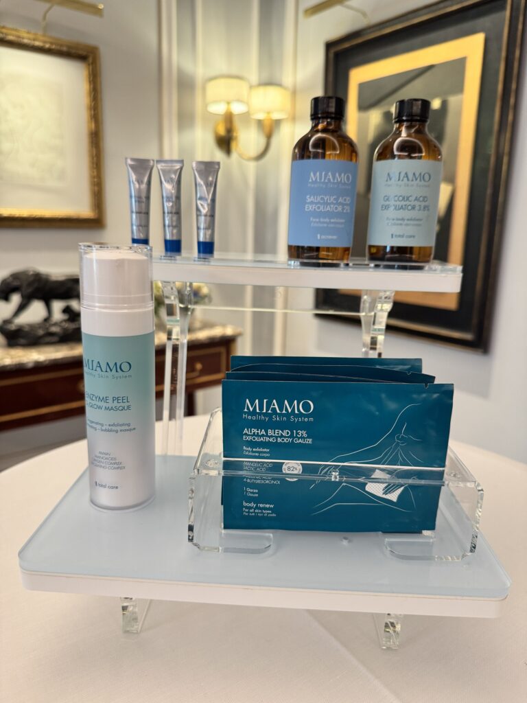 MIAMO Enzyme Peel Glow Masque, Salicylic Acid Exfoliator 2%, Glycolic Acid Exfoliator 3.8% and Alpha Blend 13% exfoliating body gauze on an acrylic stand
